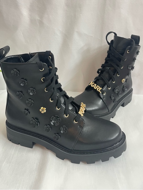 Karl Lagerfeld Shoes - Karl Lagerfeld Paris Mela Fleur Black Floral Combat Boots w Gold Accents US 9.5